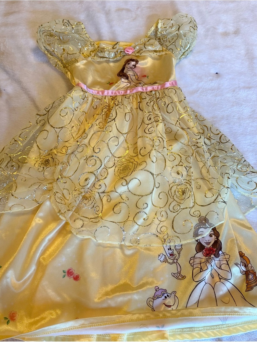 Disney Yellow Belle Princess Costume Dress with Pink Waist Ribbon